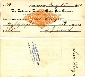 США чек на 88,20 долларов 1900 Филадельфия бумага 3295-76-3-2