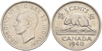 Канада 5 центов 1940 бобр, Георг VI (1937-1952) KM 33 никель 73-1143