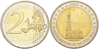ФРГ 2 евро 2008 F, серия федеральные земли, церковь Св. Михаила в Гамбурге KM 261 биметалл UNC 4111-811
