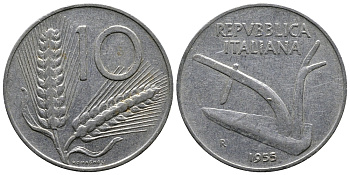 ИТАЛИЯ 10 ЛИР 1955 R, КОЛОСЬЯ, ПЛУГ KM 93 алюминий 83-1832