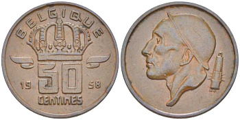 БЕЛЬГИЯ 50 САНТИМОВ 1958 BELGIQUE, БОДУЭН I (1951-1993) KM 148.1 бронза 214-447