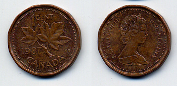 Канада 1 цент 1987 Елизавета II (1952-2022), кленовый лист KM 132 бронза 54-111