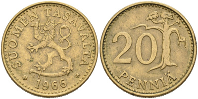 ФИНЛЯНДИЯ 20 ПЕННИ 1966 S KM 47 алюминиевая бронза 4563-312