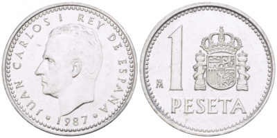 ИСПАНИЯ 1 ПЕСЕТА 1987 ХУАН КАРЛОС I (1975-) KM 821 алюминий UNC 77-617