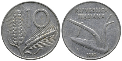 ИТАЛИЯ 10 ЛИР 1955 R, КОЛОСЬЯ, ПЛУГ KM 93 алюминий 83-1832