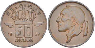 БЕЛЬГИЯ 50 САНТИМОВ 1958 BELGIQUE, БОДУЭН I (1951-1993) KM 148.1 бронза 214-447