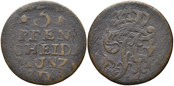 ПРУССИЯ 3 ПФЕННИГА 1763 D, ФРИДРИХ II (1740-1786) KM 291 медь 4398-152