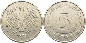 ФРГ 5 марок 1975 J, монетный двор Гамбург КМ 140.1, J. 415 медно-никель плакированный никелем 109-841