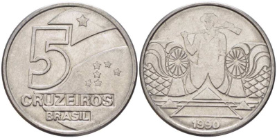 Бразилия 5 крузейро 1990 фермер KM 618.1 нержавеющая сталь 3457-816