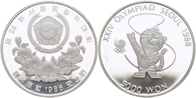 Южная Корея 5000 вон 1986 XXIV Летние Олимпийские игры в Сеуле 1988 года, олимпийский талисман KM 54 серебро PROOF 1076-10-52