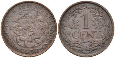 Нидерланды 1 цент 1930 Вильгельмина (1890-1948) KM 152 бронза 4576-742
