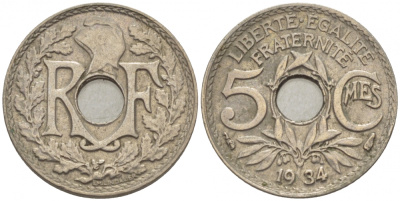 ФРАНЦИЯ 5 САНТИМОВ 1934 ТИП ЛИНДАЙЁ KM 875 медно-никель 3309-1022