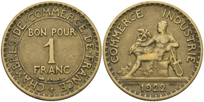 Франция 1 франк 1922 KM 876, Le Franc 218.5 алюминиевая бронза 4142-641