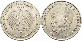 ФРГ 2 МАРКИ 1974 G, КОНРАД АДЕНАУЭР KM 124, J. 406 медно-никель плакированный никелем 3856-247