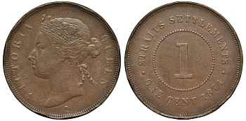 Стрейтс-Сетлментс 1 цент 1874 Виктория (1837-1901) KM 9 бронза 4557-911