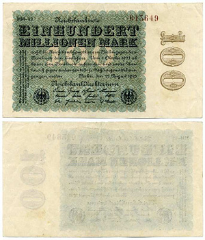 ГЕРМАНИЯ 100000000 МАРОК (СТО МИЛЛИОНОВ) 1923 22 АВГУСТА 1923, ВОДЯНОЙ ЗНАК Е, G/D В ЗВЁЗДАХ, КОРИЧНЕВЫЙ НОМЕР, СЕРИЯ ММ-42 Pick 107d, Rosenberg 106l бумага 8613-12-1-1