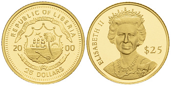 Либерия 25 долларов 2000 Королева Англии Елизавета II  золото  PROOF  00-815-41