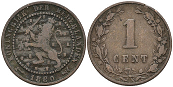 Нидерланды 1 цент 1880 Виллем III (1849-1890) KM 107 бронза 4576-554