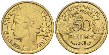 ФРАНЦИЯ 50 САНТИМОВ 1941 ТИП MORLON KM 894.1, LE FRANC 192.18 алюминиевая бронза 44-647