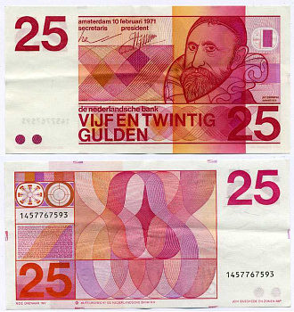 НИДЕРЛАНДЫ 25 ГУЛЬДЕНОВ 1971 10 ФЕВРАЛЯ 1971, ЯН ПИТЕРСЗОН СВЕЛИНК, 10 ЦИФР В НОМЕРЕ Pick 92а бумага 8592-33-2-2