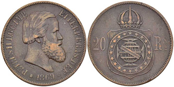Бразилия 20 рейсов 1869 Педро II (1831-1889) KM 474 бронза 98-657