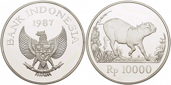 ИНДОНЕЗИЯ 10000 РУПИЙ 1987 СЕРИЯ 25 ЛЕТ ЗАЩИТЕ ОКРУЖАЮЩЕЙ СРЕДЫ, БОРОДАВОЧНИК KM 45 серебро PROOF 1068-6-13