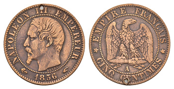 Франция 5 сантимов 1856 A, Наполеон III (1852-1870) KM 777.1 бронза 4657-541