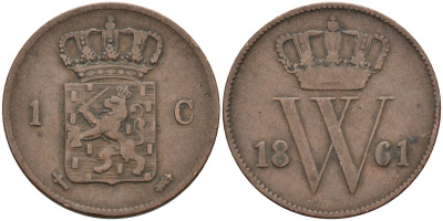 Нидерланды 1 цент 1861 Виллем III (1849-1890) KM 100 медь 4586-456