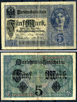 Германия 5 марок 1917 8 значный номер Pick 56 a бумага 8595-33-1-1