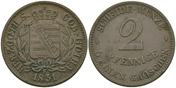 Саксен-Кобург и Гота 2 пфеннига 1851 F KM 110 медь 99-741