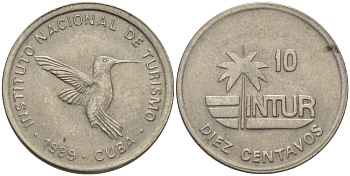 Куба 10 сентаво 1989 туристические деньги, INTUR, цифры номинала маленькие KM 415.2а медно-никель 67-1115