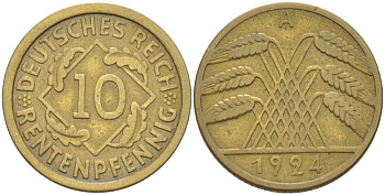 ГЕРМАНИЯ 10 РЕНTЕНПФЕННИГОВ 1924 A KM 33, J. 309, Weege 8 алюминиевая бронза 210-331