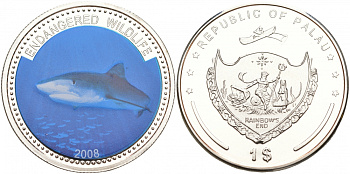 Палау 1 доллар 2008 серия вымирающие виды, синяя акула, цветная эмаль KM 201 медно-никель PROOF M3-7