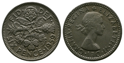 Великобритания 6 пенсов 1959 Елизавета II (1952-2022) KM 903, Spink 4149 медно-никель 4381-716