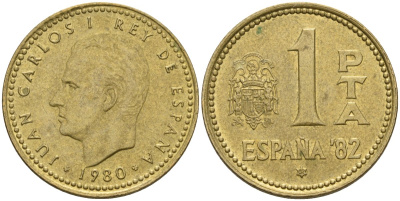 Испания 1 песета 1980 (82) чемпионат мира по футболу 1982 года в Испании, Хуан Карлос I (1975 - 2014) KM 816 алюминиевая бронза 4604-453