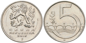 Чехия 5 крон 2010 b’, чешский лев, Карлов мост KM 8 сталь плакированная никелем aUNC 4592-212