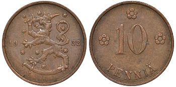 Финляндия 10 пенни 1938 KM 24 медь 51-3011