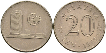Малайзия 20 сенов 1973 здание Парламента KM 4 медно-никель UNC 4591-254