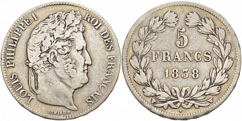 Франция 5 франков 1838 W, Луи Филипп I (1830-1848) KM 749.13 серебро 1515-334