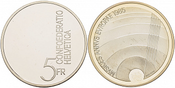 ШВЕЙЦАРИЯ 5 ФРАНКОВ 1985 ЕВРОПЕЙСКИЙ ГОД МУЗЫКИ KM 64 медно-никель PROOF 1087-3-51