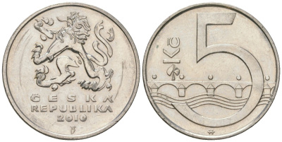Чехия 5 крон 2010 b’, чешский лев, Карлов мост KM 8 сталь плакированная никелем aUNC 4592-212