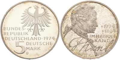 ФРГ 5 марок 1974 D, 250 лет со дня рождения Иммануила Канта KM 139 серебро PROOF 02-265-57