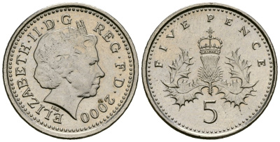 Великобритания 5 пенсов 2000 Елизавета II (1952-2022) KM 988, Spink 4670 (D5) медно-никель 4173-763
