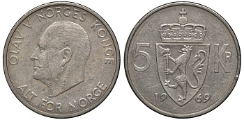 Норвегия 5 крон 1969 Улаф V (1958-1991) KM 412 медно-никель 81-823