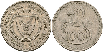 Кипр 100 милсов 1973 европейский муфлон KM 42 медно-никель 4111-422