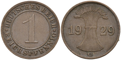 Германия 1 рейхспфенниг 1929 G KM 37, J. 313 бронза 4516-1147