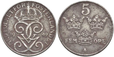 Швеция 5 эре 1949 Густав V (1907-1950) KM 812 железо 115-924