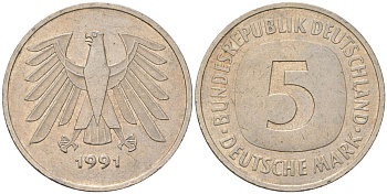 ФРГ 5 марок 1991 KM 140.1 медно-никель 4557-724