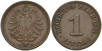Германия 1 пфенниг 1874 C, Вильгельм I (1871-1888) KM 1, J. 1, Weege 1 медь 4608-545