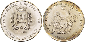 Куба 5 песо 1988 чемпионат мира по футболу в Италии 1990 года KM 216 серебро UNC 1087-8-11